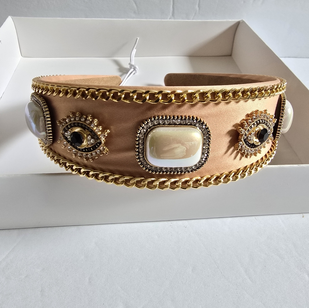 Embellished Tan Headband with Pearl And Gold Accents - Picture 4 of 7